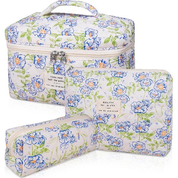 Gosect Makeup Bag, Large Quilted Cosmetic Bag, Big Floral Make Up Bag for Women Girls, Cute Cotton Makeup Bag Set, Flower Travel Toiletry Organizer