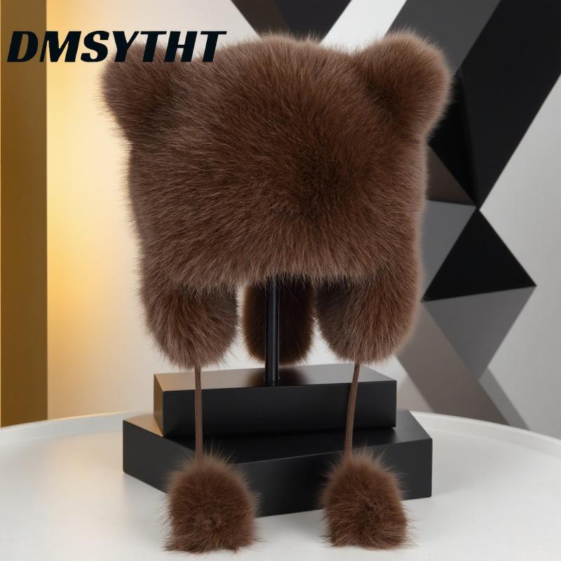Thickened Winter Hats for Women Keep Warm Cute Faux Fur Raccoon Tail Plush Hat Hat Winter Warm Brim Cap with Tail Cute Cat Ears Fur Bomber Hats
