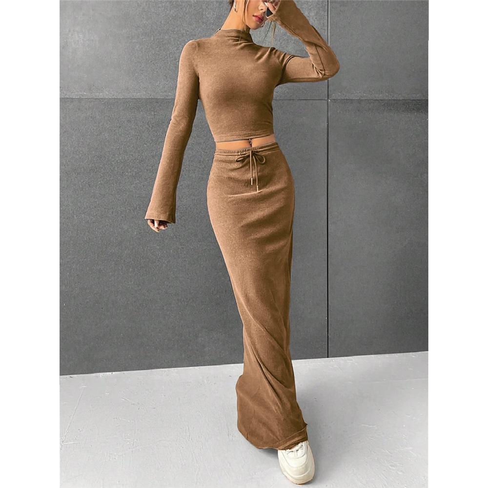 Women's skirt set solid color long sleeve round neck T-shirt long skirt two-piece set