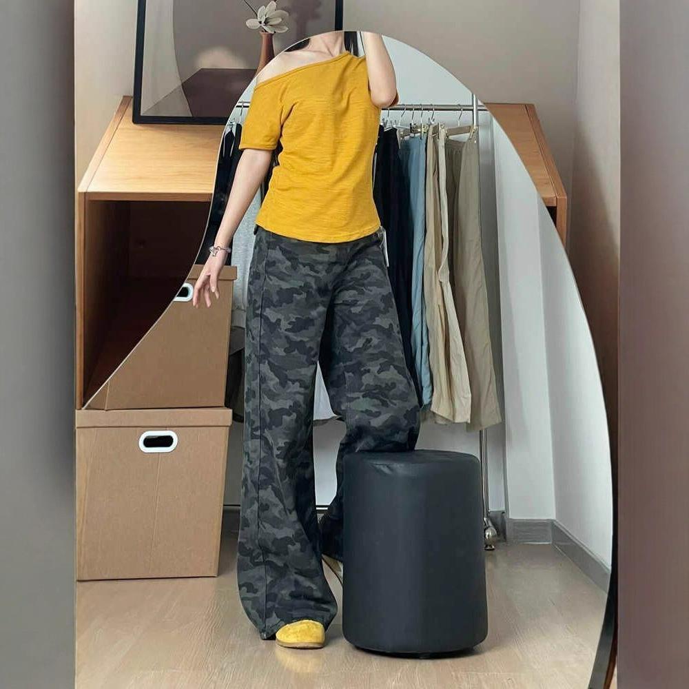 Comfortable Camouflage High Waist Wide Leg Jeans Women High Street Hundred Match Skinny Loose Straight Trousers Jeans for Women Long Denim Pants