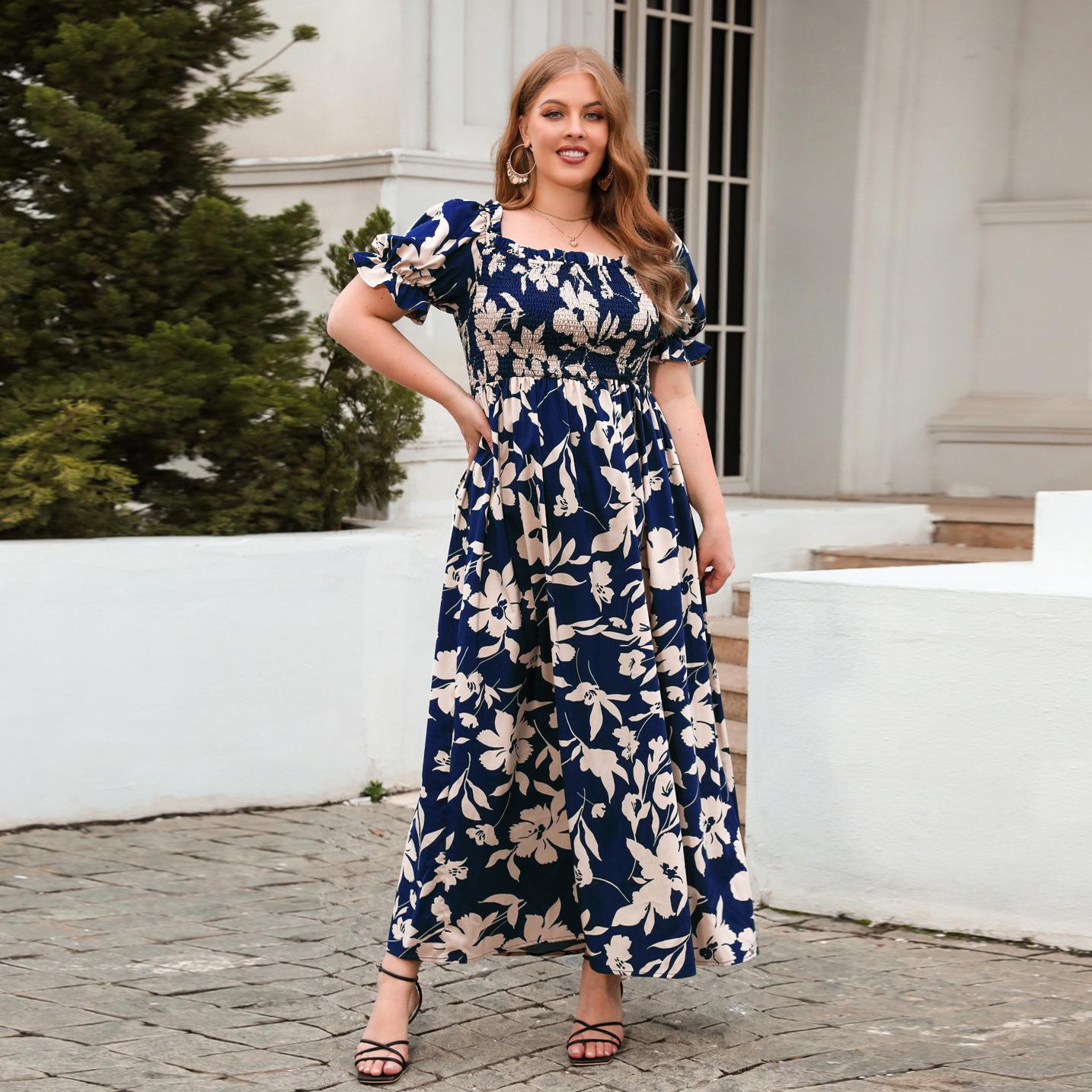 

Большие размеры Повседневное платье для отпуска с принтом Элегантные платья миди в стиле бохо во французском стиле 4XL синий