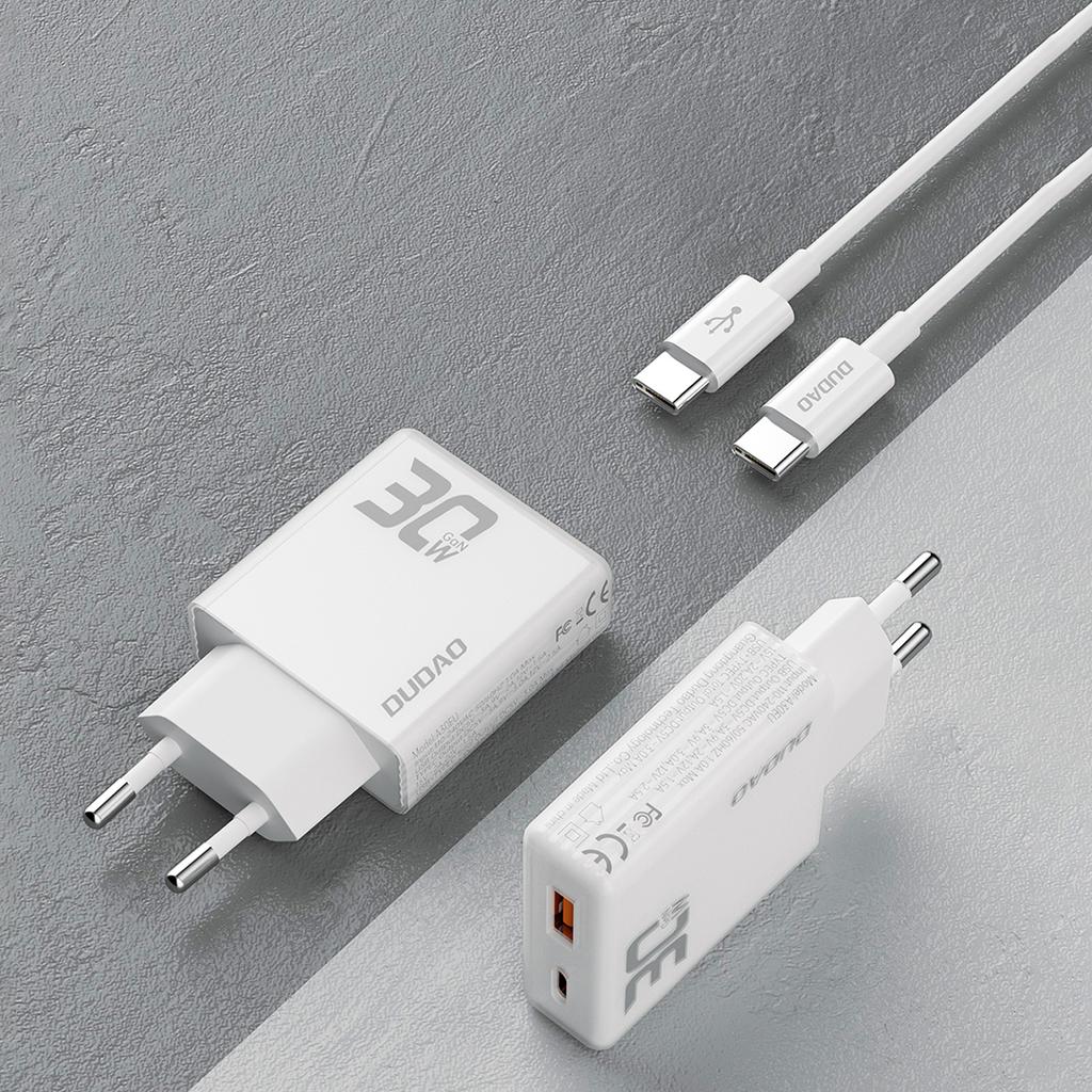 GaN 30W USB-A - USB-C Wall Charger with USB-C Cable - White