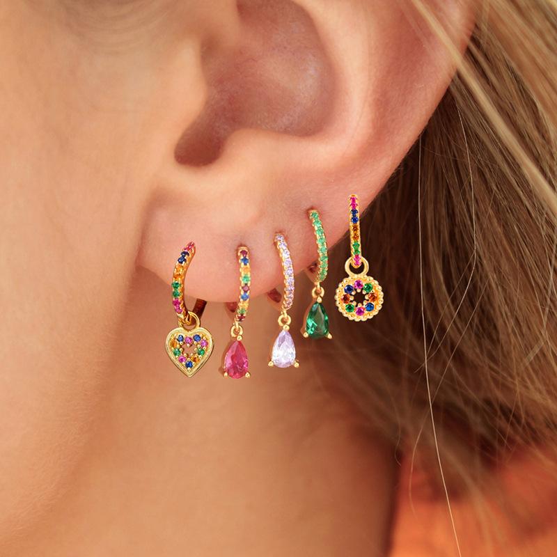 Rainbow Colored Zircon Ear Buckle Set, Love Water Drop Pendant, Small Earrings, Light Luxury and Exquisite Stacked Women's Earrings.