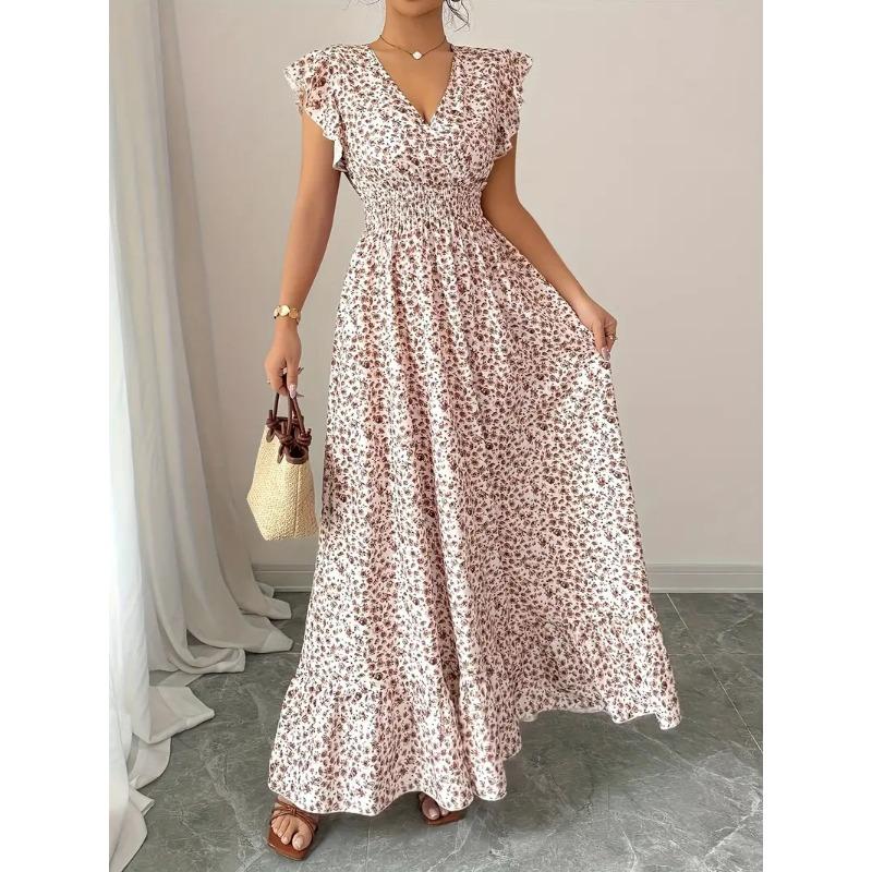 Summer Floral Printed Long Dress with Ruffled Short Sleeved V-neck Fashion Big Swing A-line Holiday Party Dress Elastic Waist Loose Casual Clothing