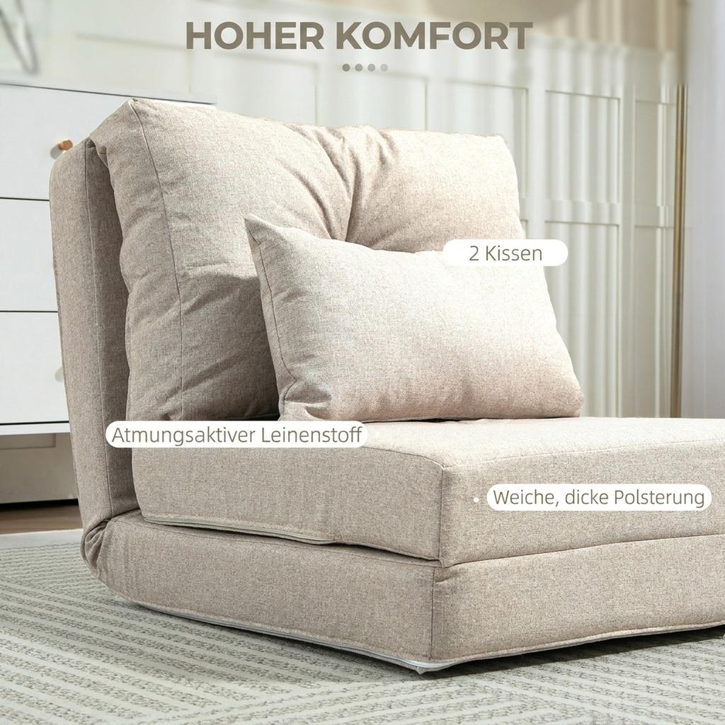 Floor Chair Folding Mattress Sleeping Mat, 2-in-1 Design, Removable Cushion, 60 x 80 x 56 cm, Beige