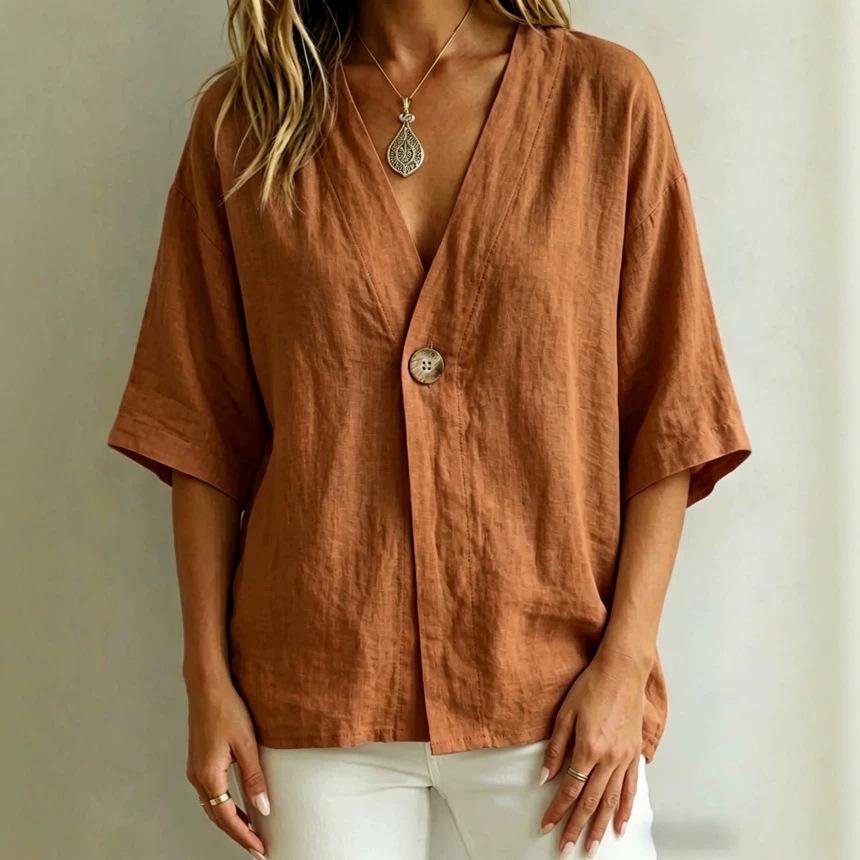 Women’s casual, loose-fit V-neck T-shirt for spring and summer – plain-coloured button-up top in linen