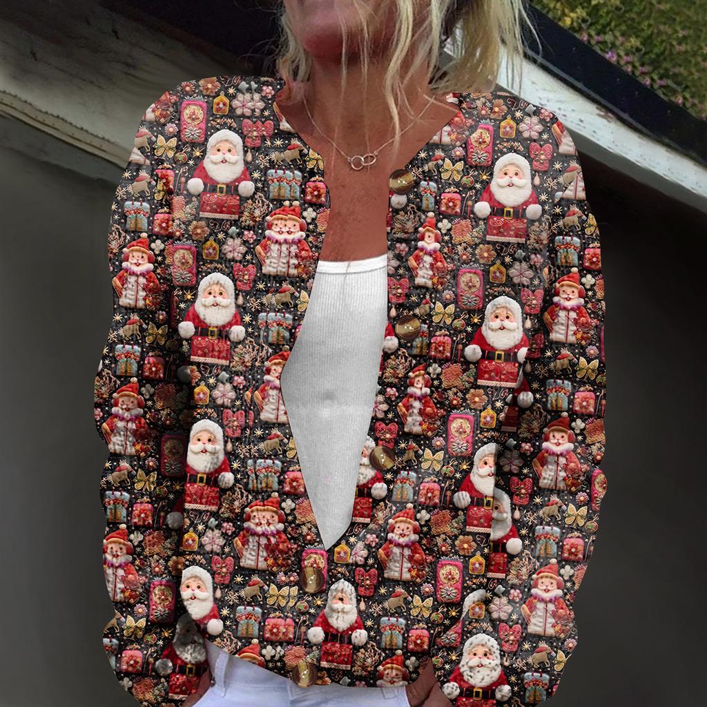 Women's Fashion Christmas Print Long Sleeve Knitted Cardigan Button Jacket