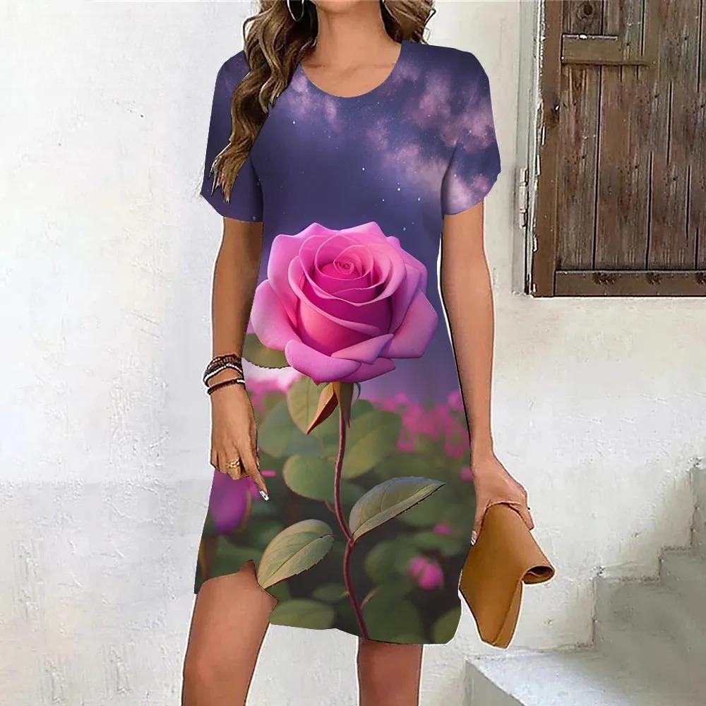 New Summer Beach Party Dresses For Women Vintage Tie Dye Red Rose Flower Print Dress Short Sleeve Pullover Loose Plus Size Dress