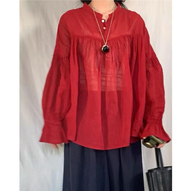 Johnature Spring Summer Forest Vintage Blouses Round Neck Stitching Light Sunscreen Irregular Shirts Women