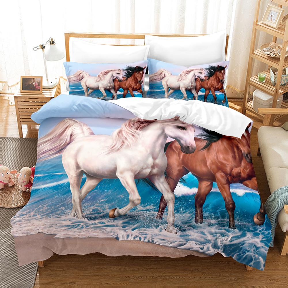 Polyester Comfortable White Horse Pattern Duvet Cover Set With Duvet Cover And Pillowcases King Queen Twin Sizes For All Ages