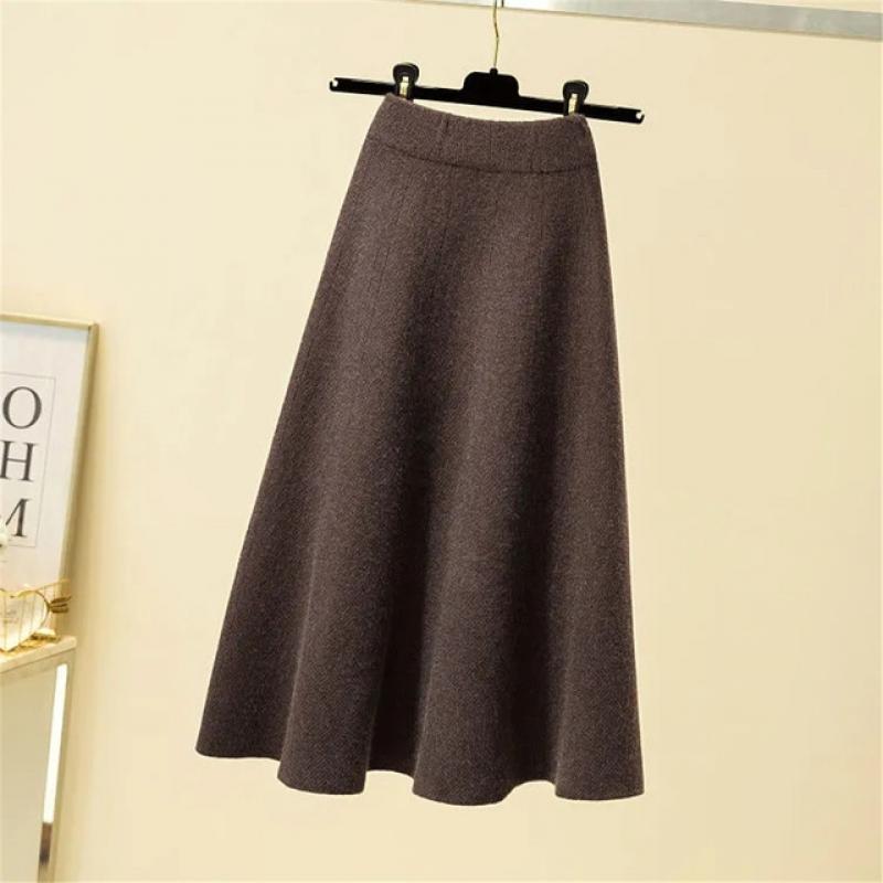 Outono malha plissada saia feminina midi elástico cintura alta a linha camisola saia feminina inverno lã longa mãe saia