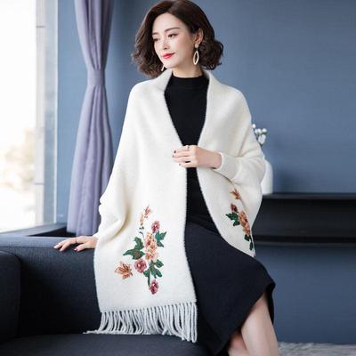 Winter Poncho Female Velvet Embroidery Sleeve Shawl for Women Long Sleeve Tassel Cape
