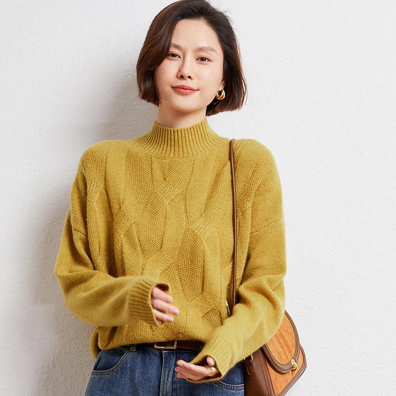 Women's Chunky Cable Knit Cashmere Sweater - Solid Color, Half-High Neck, Thickened Pullover for Autumn and Winter