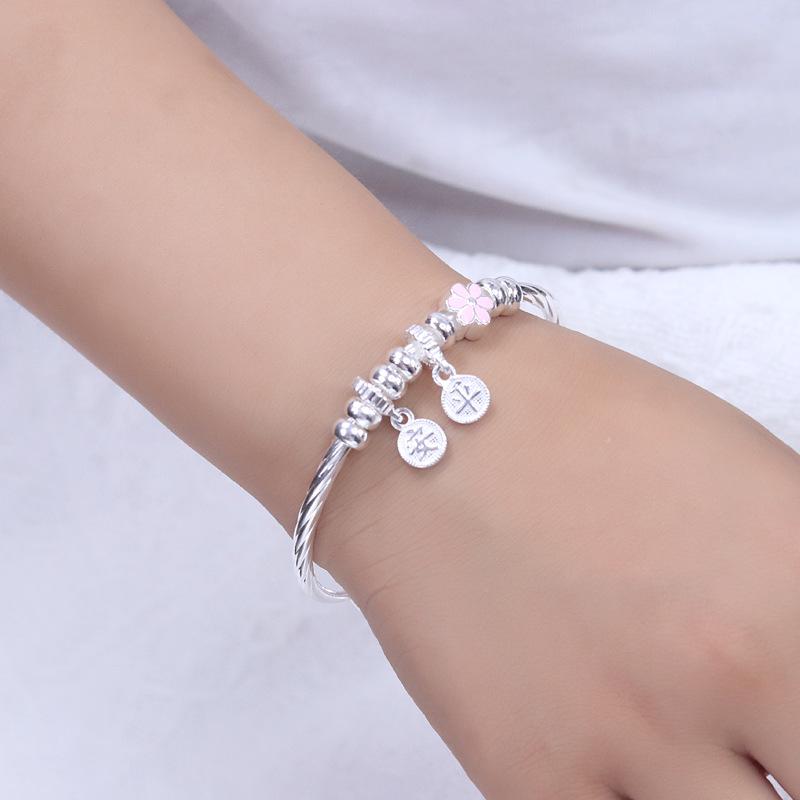 Sterling Silver Flower Peace Push-Pull Bracelets for Kids - Solid Enamel Design, Medium & Large Sizes Available.
