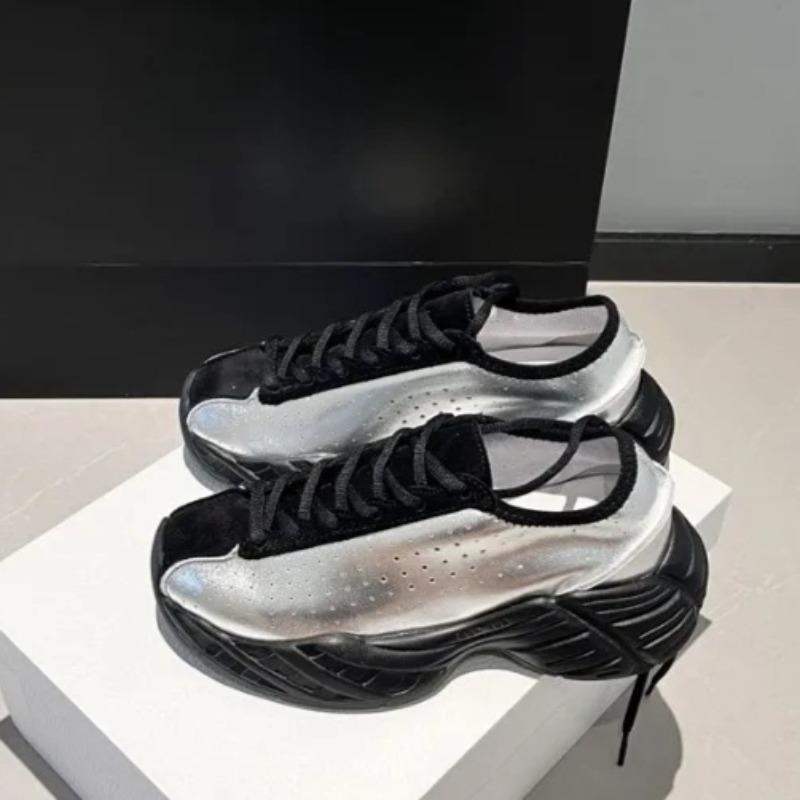 Fashion Sneakers Autumn New Round Toe Deep Mouth Colorblock Breathable Hole Front Lace-up Platform Non-Slip Low-Top Single