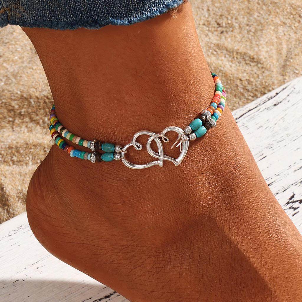 Bohemian Double-Layered Turquoise Heart Beach Anklet for Women