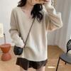 Lazy v-neck pit strip autumn and winter new loose design sense knitted pullover sweater women wear simple large size outside wear