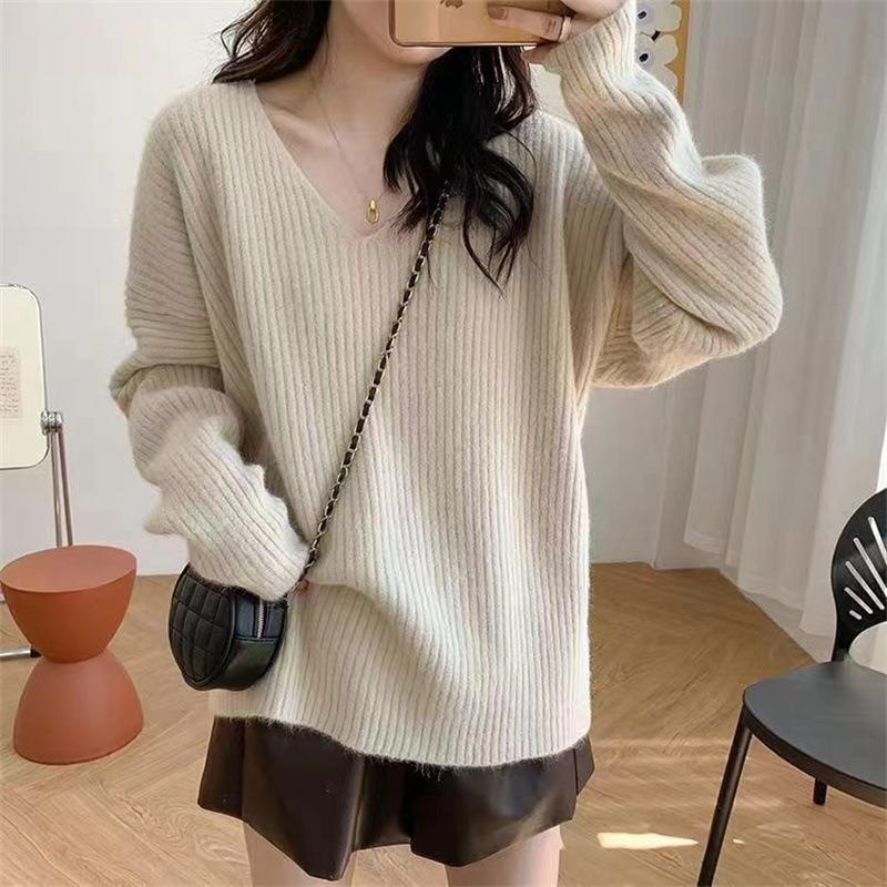 Lazy V-neck Pit Strip Autumn and Winter New Loose Design Sense Knitted Pullover Sweater Women Wear Simple Large Size Outside Wear