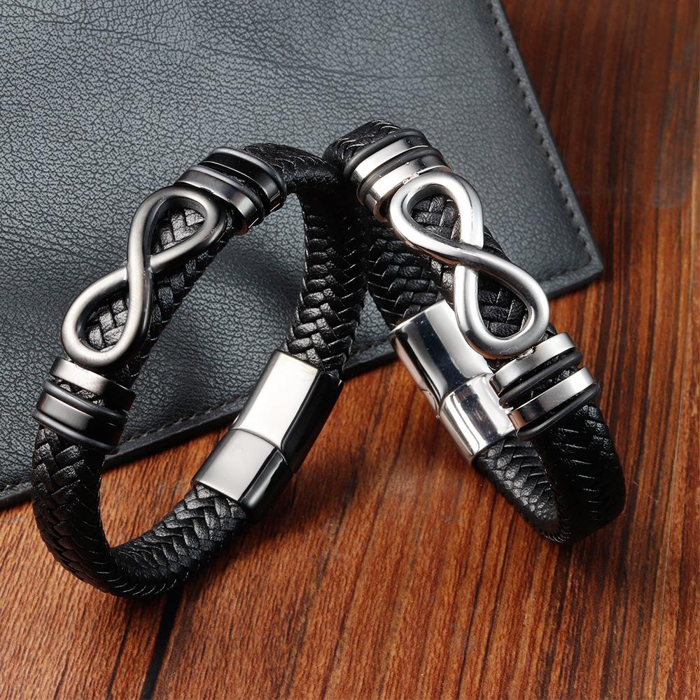 Schwarzes Lederseil-Armband mit 8 Unendlichkeitszeichen für Männer, modisches handgewebtes Armband, Edelstahlverschluss, verstellbares Lederband