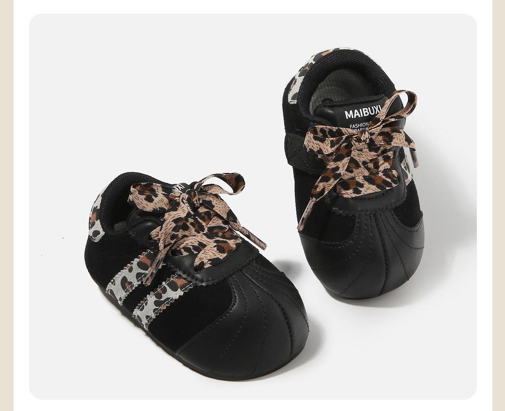 Spring 2026 Girls' Retro Leopard Print Baby Walker Shoes - Ugly Cute, Color Block Design.