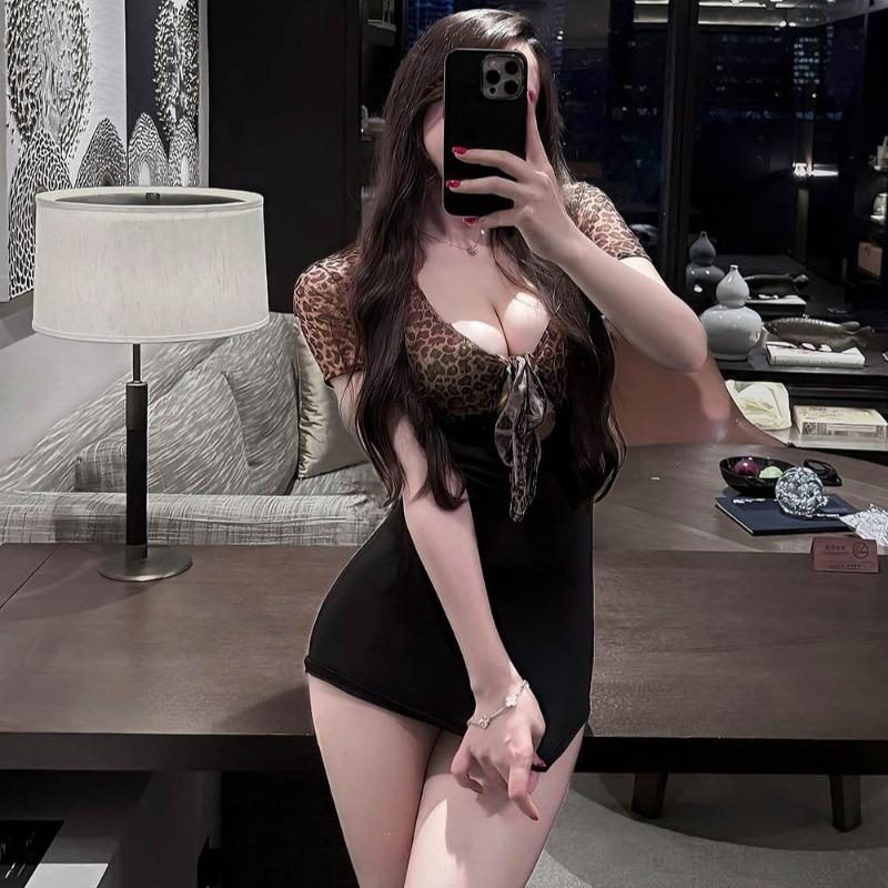 Erotic Underwear Deep V Imperial Sister Sexy Leopard Print Fashion Shapewear Short Skirt Low Chest Collar One-piece Skirt Small Mother Style
