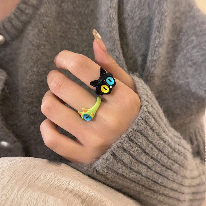 Ins Cute Green Monster Rings Women Fashion Sweet Two Color Cat Eyes Open Couple Ring Wedding Finger Accessories Jewelry Gift