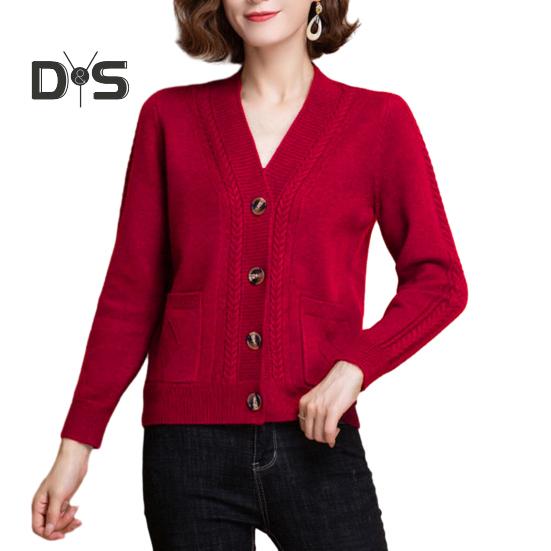 

Женский вязаный кардиган на весну и осень, с v-образным вырезом и пуговицами, с длинными рукавами, сплошной цвет, женское пальто среднего возраста, топ, уличная одежда XL