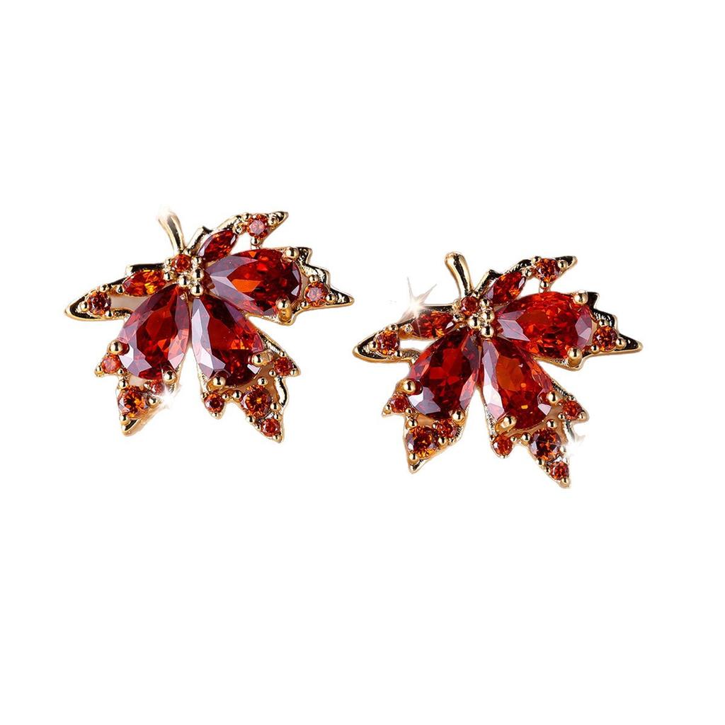 Wish pomegranate red water drop diamond maple leaf stud earrings simple niche versatile earrings