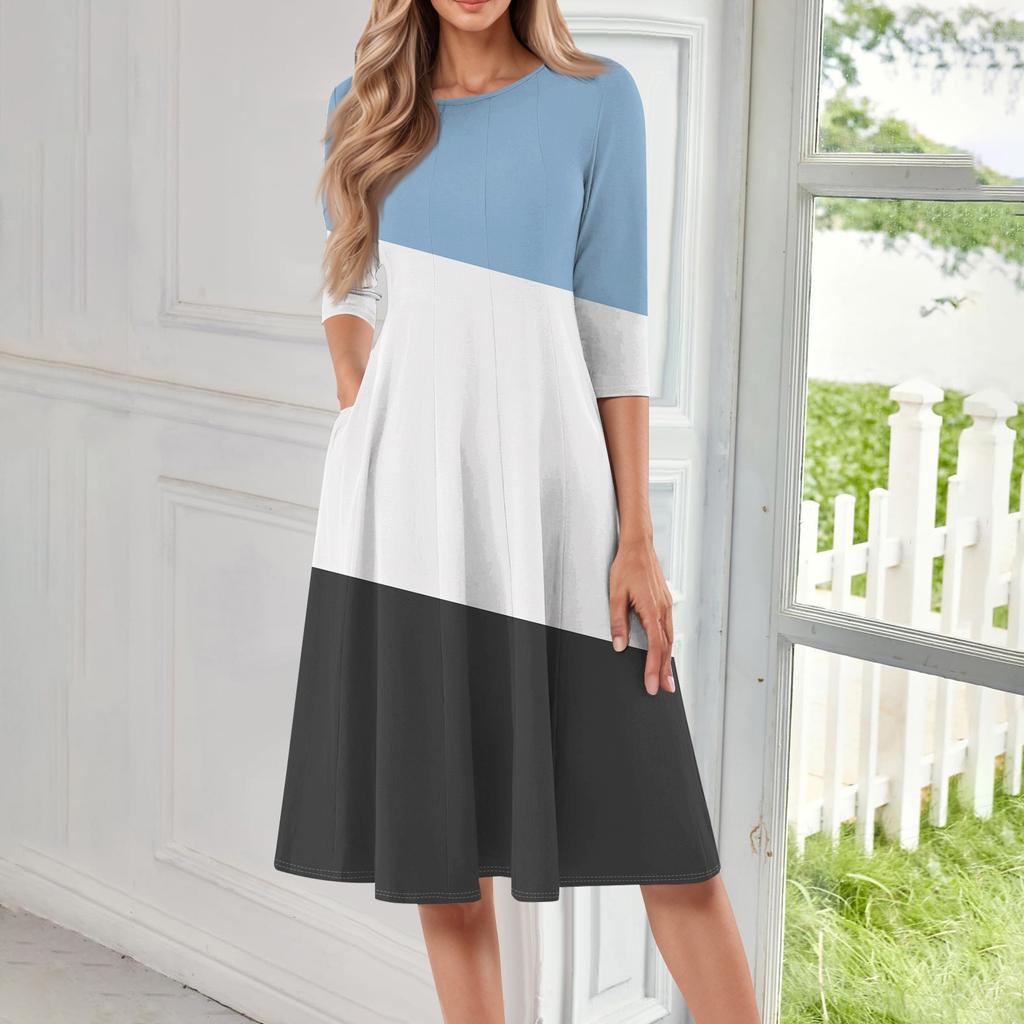 Women's Casual Fashion Round Neck Three Quarter Sleeve Print Midi Dress