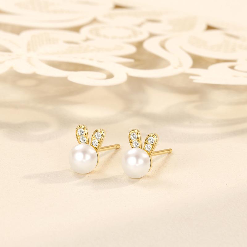 18K Gold-Plated S925 Sterling Silver Rabbit Pearl Stud Earrings with Shell Pearls - Cute Gift for Women S925 Silver золотой