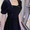 French style summer black square neck bubble sleeve dress women's large size temperament high waist A-shaped dress medium and long