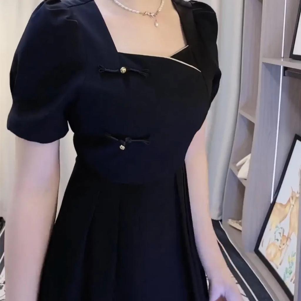 French style summer black square neck bubble sleeve dress women's large size temperament high waist A-shaped dress medium and long