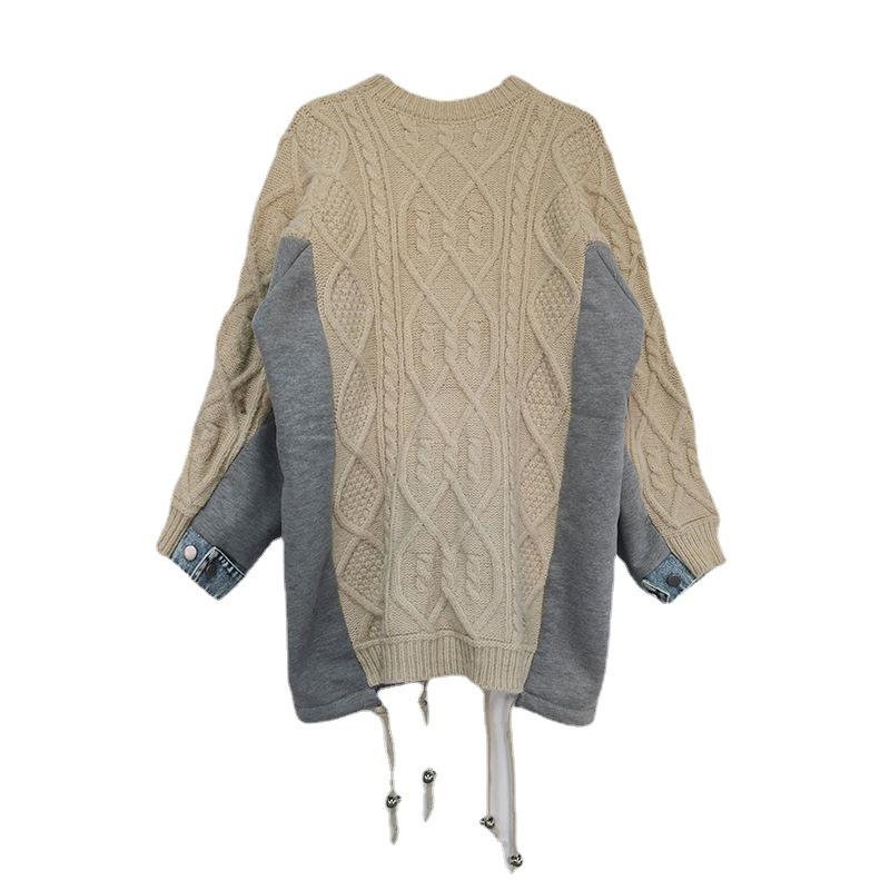 2024 Autumn Korean Loose-Fit Sweater: Round Neck, Long Sleeve, Denim Splicing Design