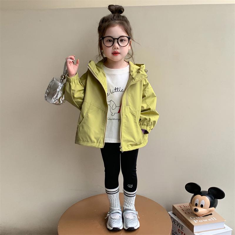 Autumn 2025 Korean Style Girls' Hooded Windbreaker Coat with Double Zipper