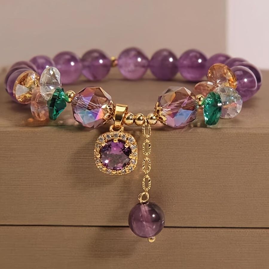 Elegant Vintage Amethyst Bead Bracelet with Gold Tones and Crystal Pendant - Bohemian Style for Parties or Gifts, Women's Fashion Accessories