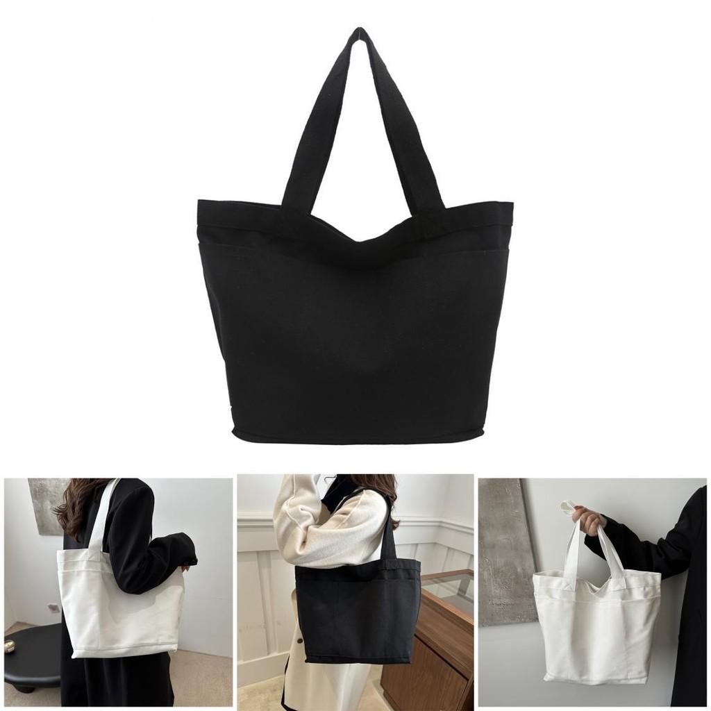 Large Capacity Minimalist Korean Style Solid Color Canvas Tote Bag For Women In Black And White