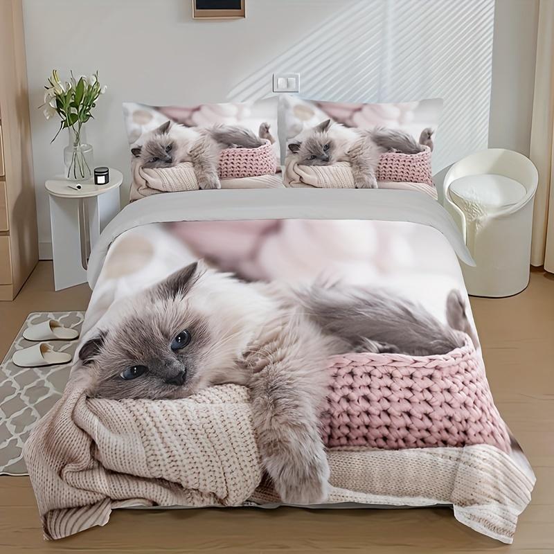

Fashion Cute 3D Cat Print Duvet Cover Set All Season Bedding Set Soft Comfortable Duvet Cover For Bedroom Guest Room 90X200cm