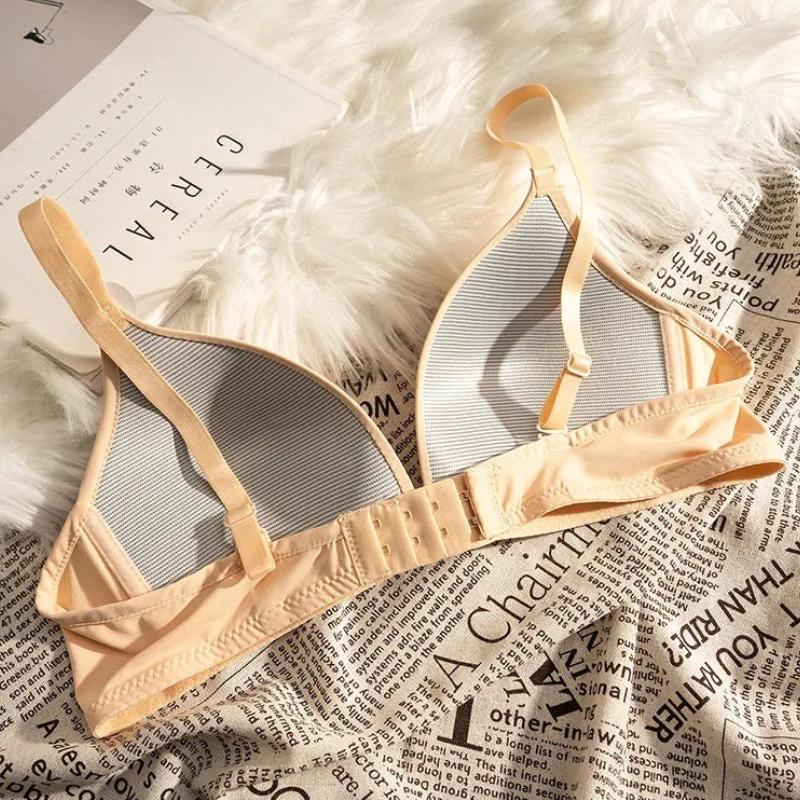 Women's Simple Triangle Cup Deep V Neck Seamless Push Up Bra for Small Bust Smooth Surface Wireless Lightweight Style