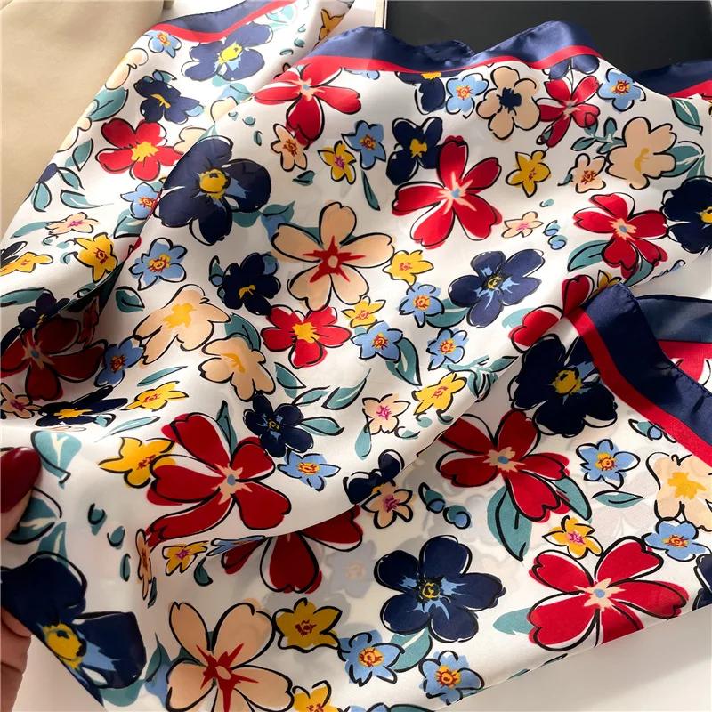 Luxury Square Scarf For Women Elegant Ladies Hijab Neckerchief Soft Stain Imitation Silk Floral Scarves Fashion Shawl For Travel