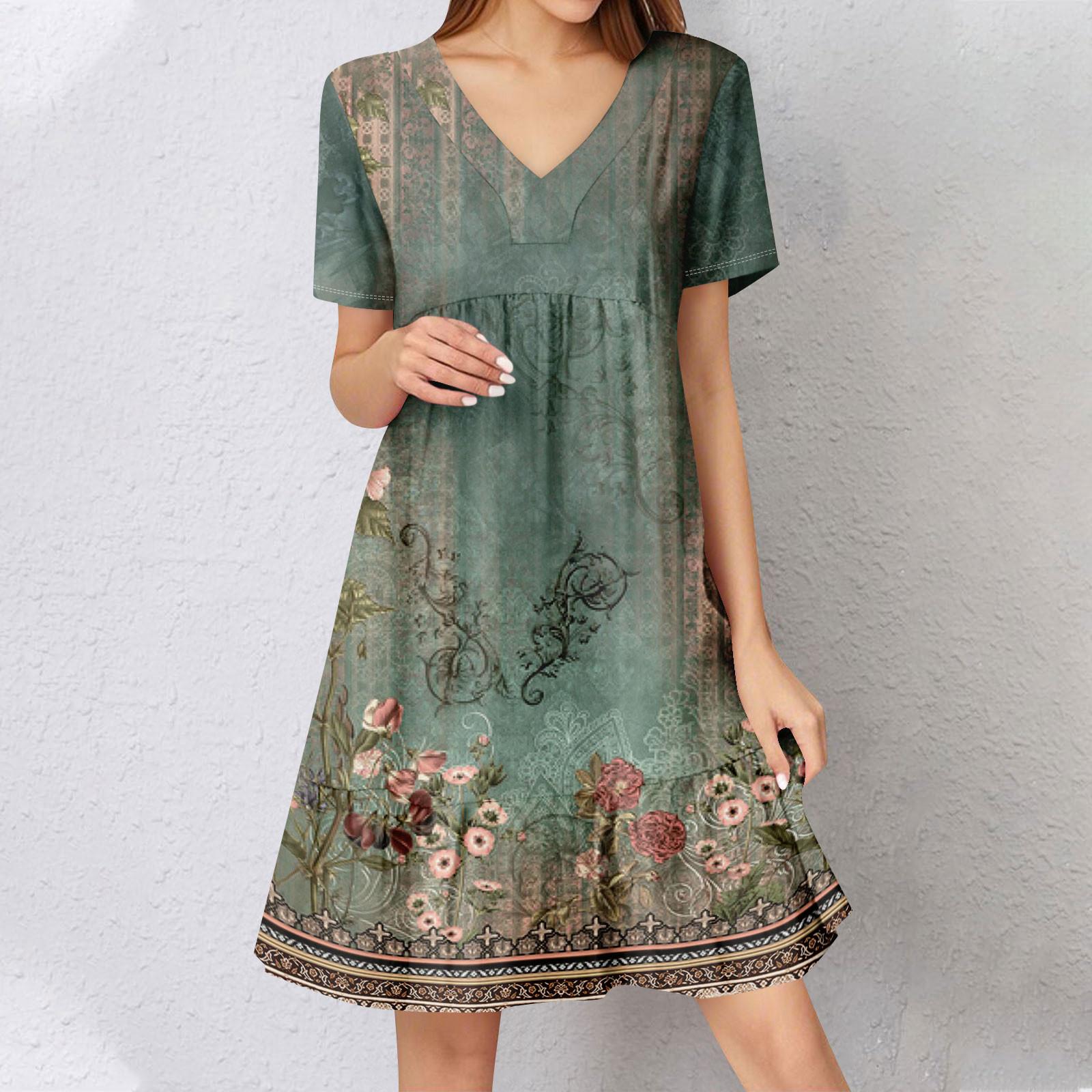 

Жіноча літня сукня з коротким рукавом, V-подібним вирізом, коротка, модна, повсякденна, вільна, бохо, з рюшами, А-силуету, сукня-сонце L зелений