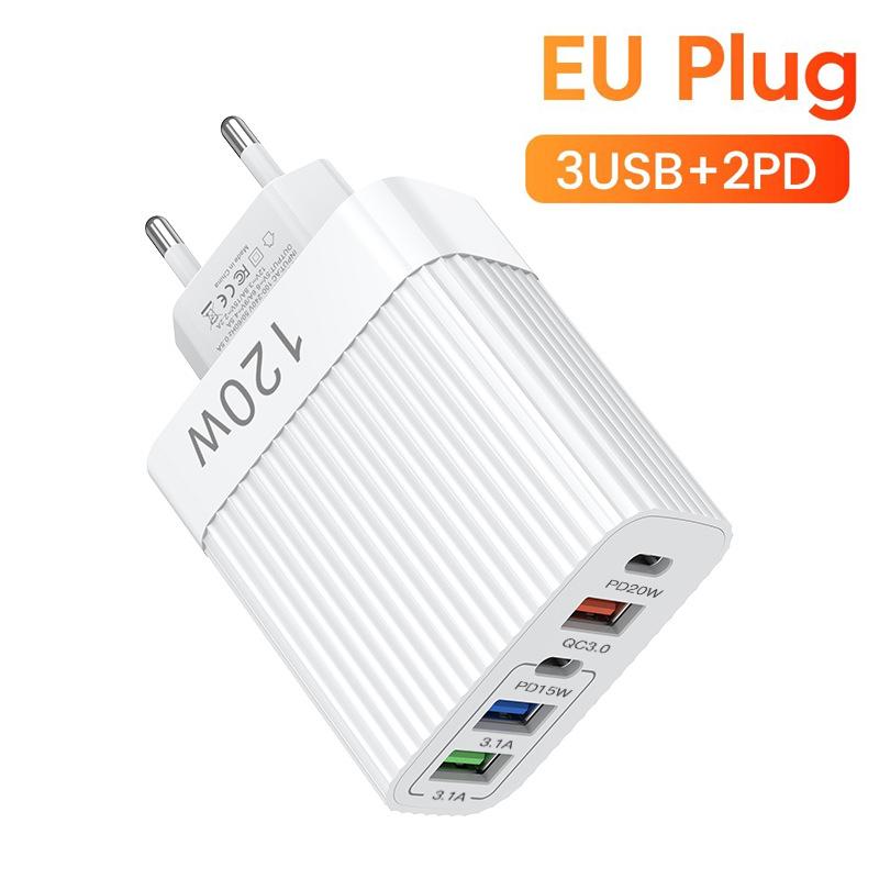 PD 120W GaN Quick Charger 3.0 US EU Plug Travel Portable 5 Port USB Type C Fast Charging Suitable For Android Ios iPhone Xiaomi