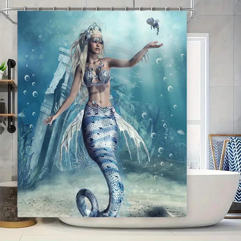 

Underwater Mermaid Bathing Suit Shower Curtain Set For Bathroom Decor – Blue White Artistic Print Indoor Waterproof Home Decorat W60H190(CM)-1 Pcs