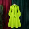 Women Long Sleeve Elegant Dresses Bow Collar High Waisted Pleated Mid Calf Luxury Birthday Party Vestidos Mujer Dress