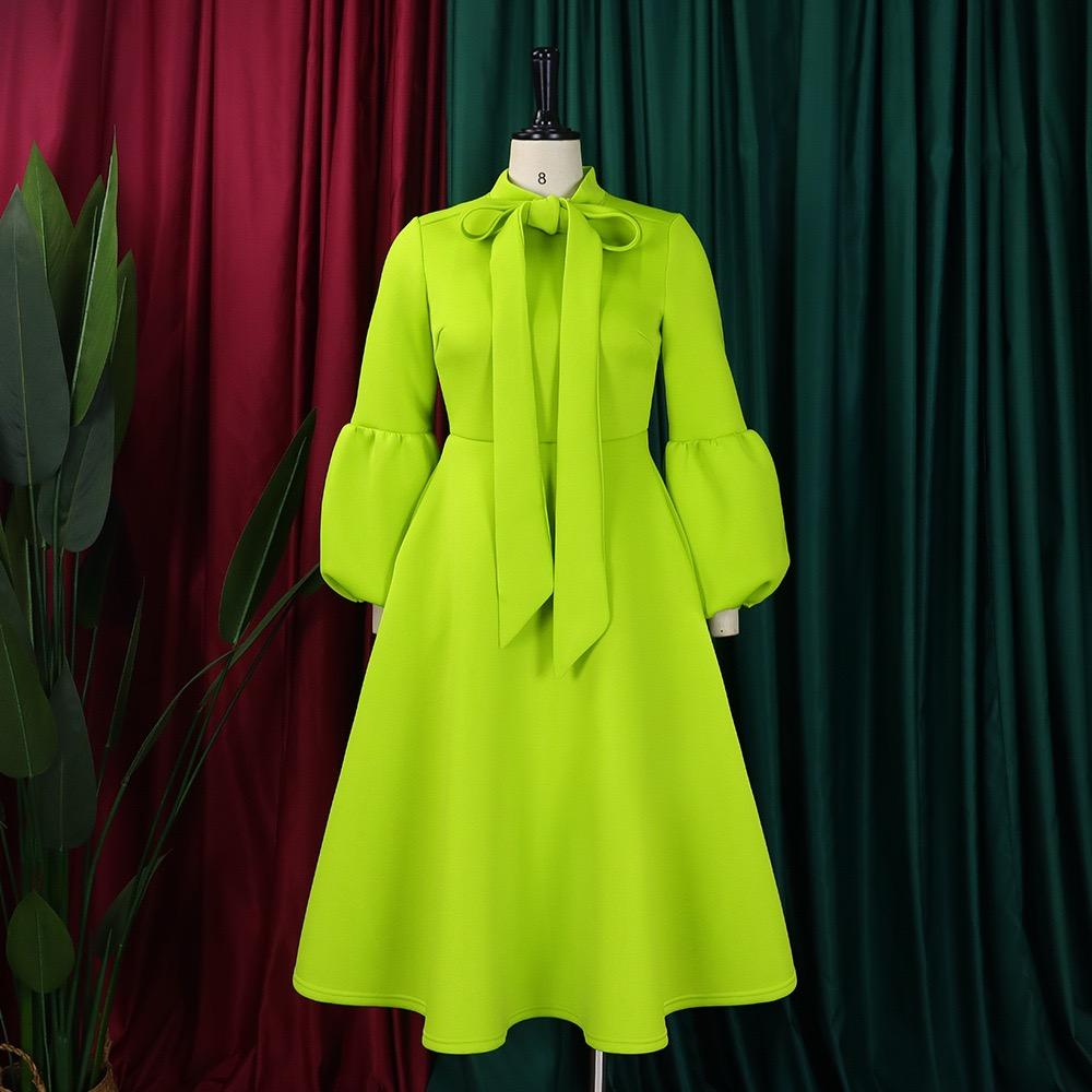 Women Long Sleeve Elegant Dresses Bow Collar High Waisted Pleated Mid Calf Luxury Birthday Party Vestidos Mujer Dress