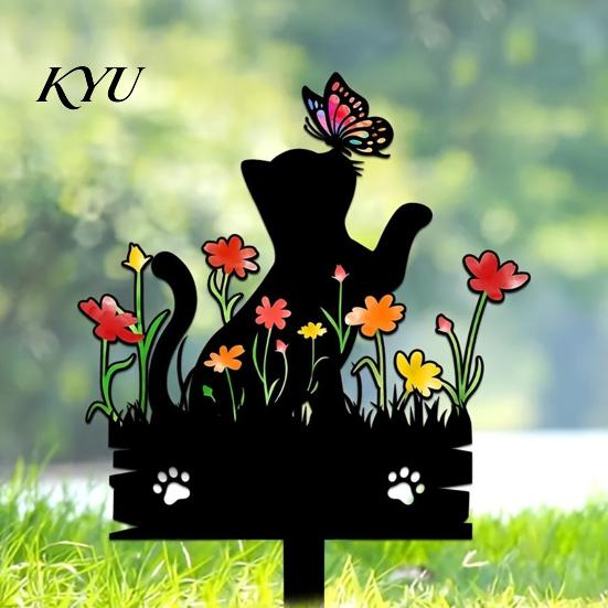 Lawn Animal Silhouette Acrylic Kitten Garden Stake, Decorative Yard Sculpture with Flowers And Outdoor Ornament Butterflies, Waterproof Cat