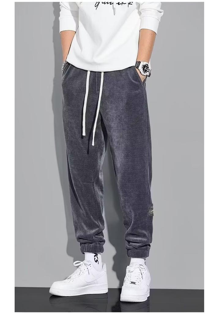Fleece tied feet casual pants men's autumn and winter thickened men's casual sports pants Korean version loose nine-point pants