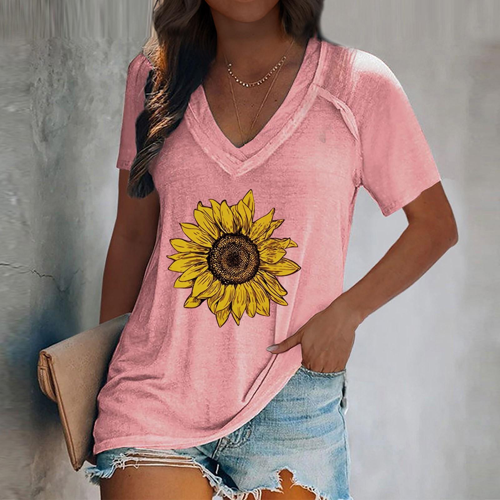 

Женская футболка с v-образным вырезом и принтом подсолнечника, пуловер, повседневный топ с короткими рукавами XXL розовый
