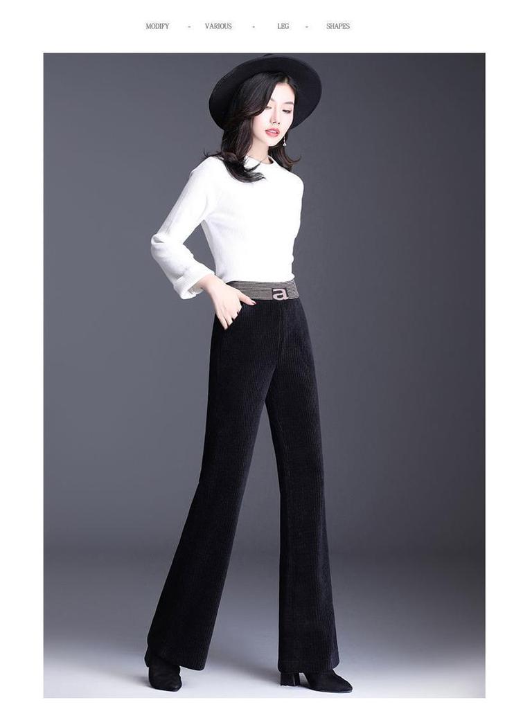 Dámské manšestrové kalhoty s vysokým pasem a širokými nohavicemi s fleecem - Pohodlné, volný střih pro podzim a zimu.