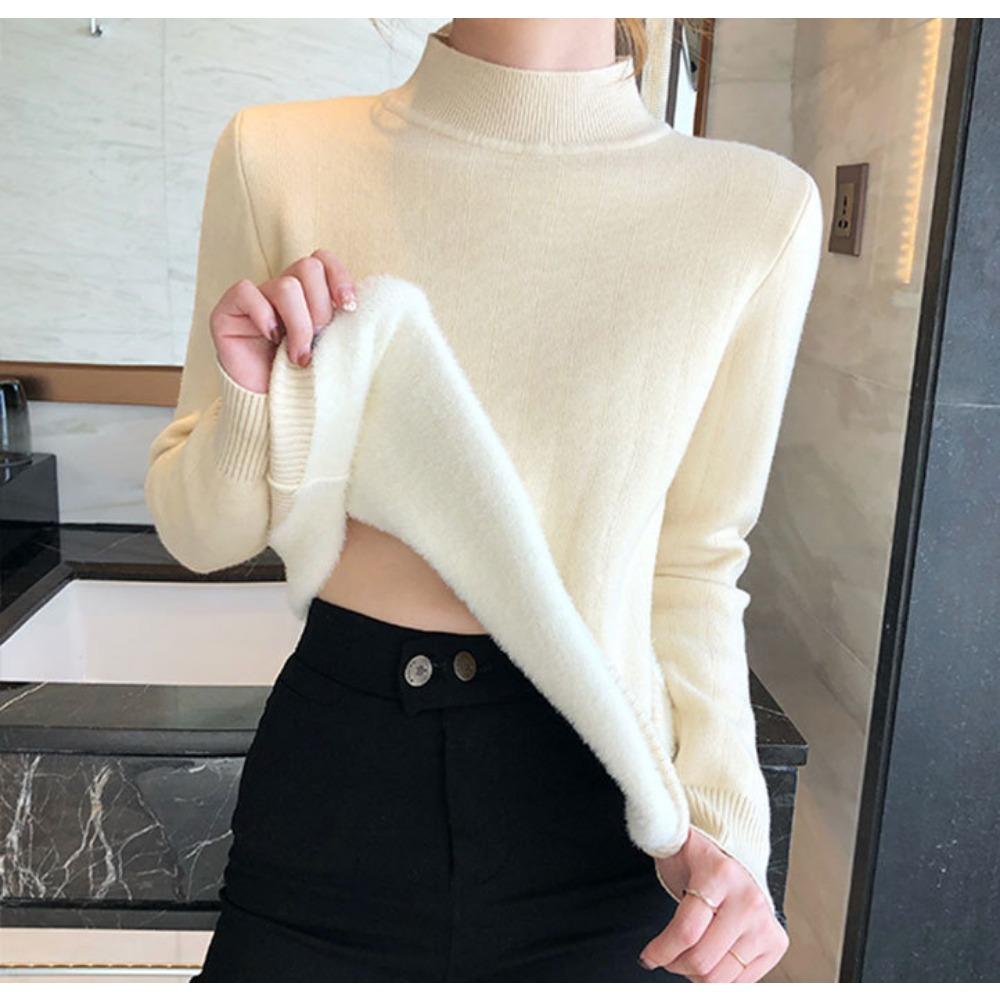 Autumn and Winter Women's Padded Thickened Sweater Single Layer Mid-collar Half-high Neck Knitted Bottoming Shirt Mink Warm Tops