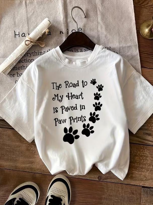 Women Pet Lover Graphic T Shirt The Road To My Heart Is Paved In Paw Prints Heart Shaped Paw Print Round Neck Short Sleeve All Season Dog Mom Casual